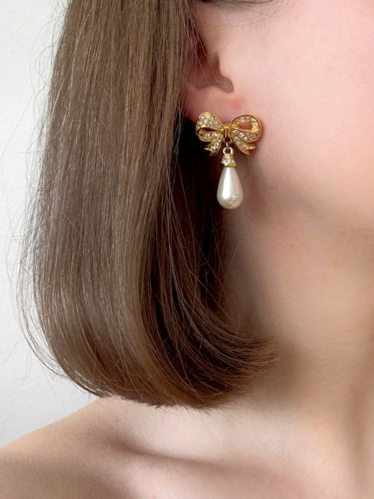 Vintage Rhinestone Bow Teardrop Faux Pearl Earrings