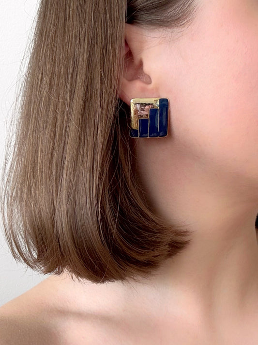 Vintage Square Navy Gold-tone Earrings