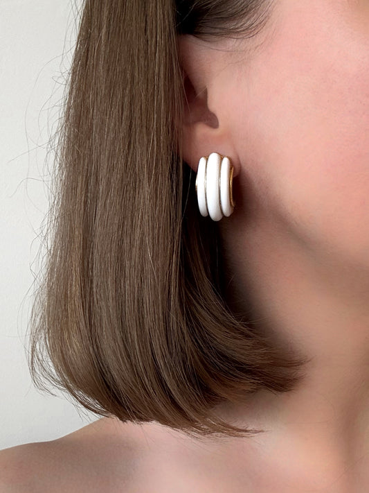 Vintage White Enamel Hoop Clip Earrings
