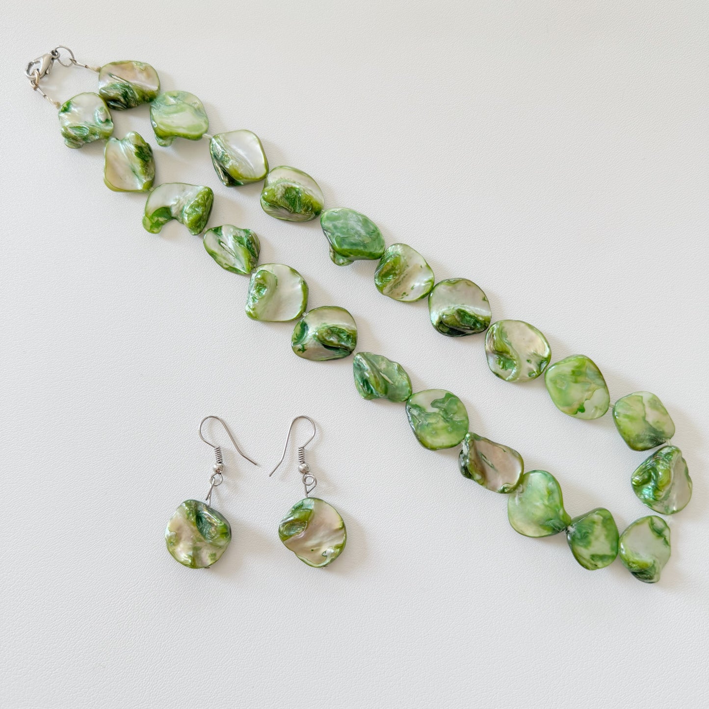 Vintage Set - Green Mother of Pearl Necklace & Earrings