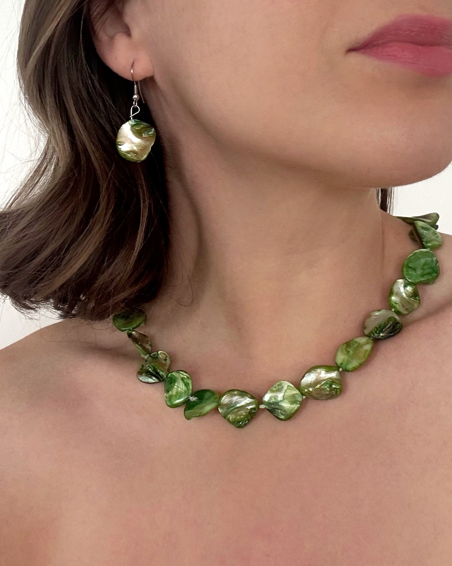 Vintage Set - Green Mother of Pearl Necklace & Earrings